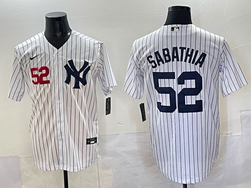 Men New York Yankees #52 Sabathia White Stripe Nike MLB 2025 Jersey 02